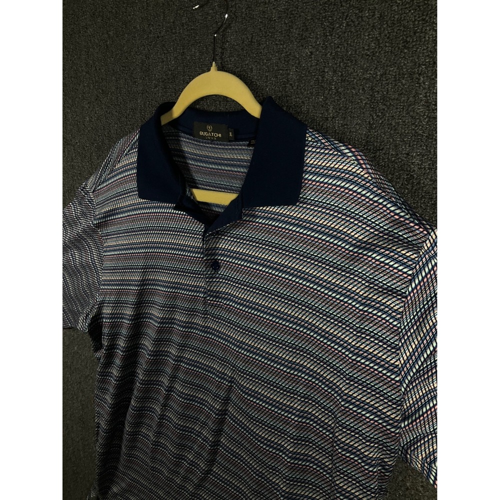Bugatchi Uomo Mens XL Polo Shirt Italian Fabric Blue Multi Stripe Short Sleeve